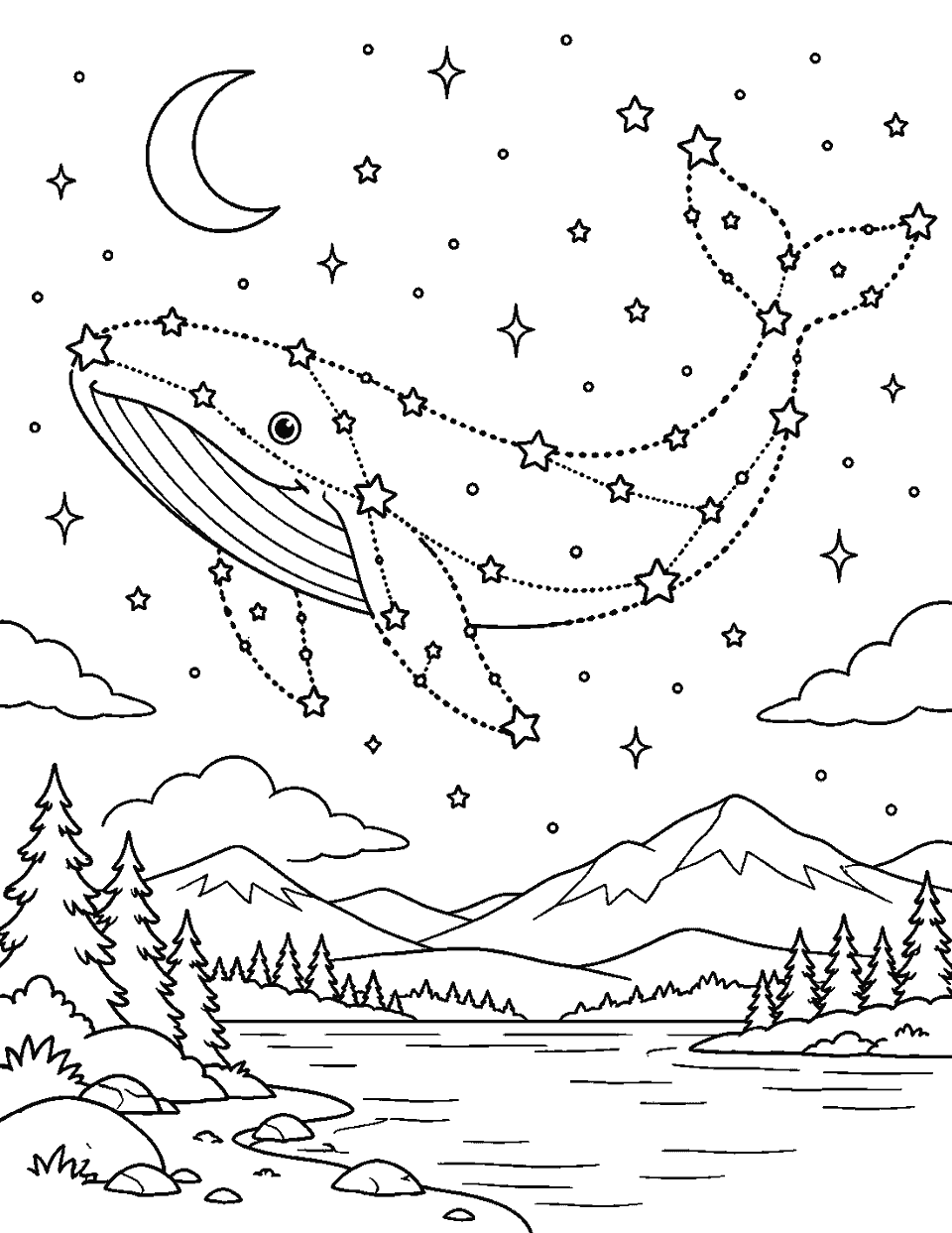 Starry constellation shaped like a whale coloring page, black and white line art