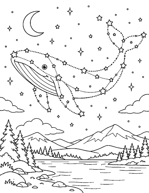 Starry constellation shaped like a whale coloring page