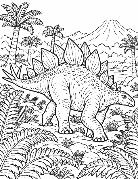 Stegosaurus walking through giant ferns coloring page