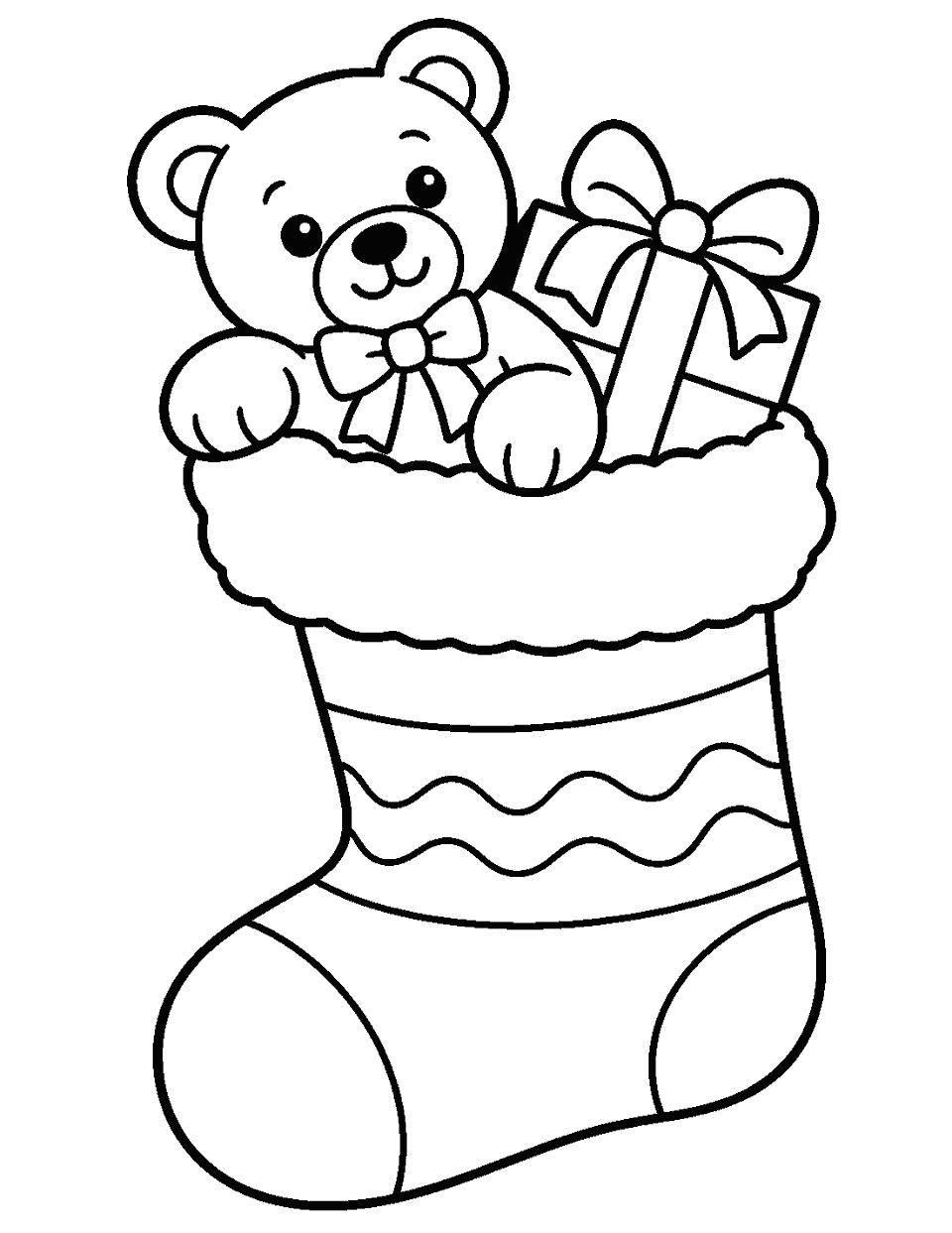 Stocking stuffed with a teddy bear and wrapped gift coloring page, black and white line art