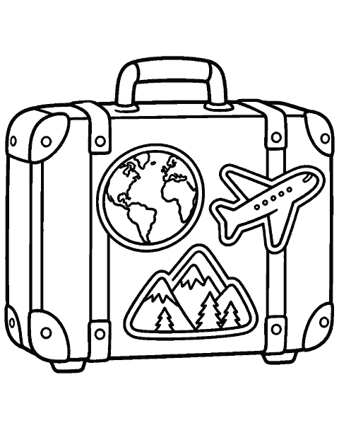 Suitcase covered with three large travel stickers coloring page