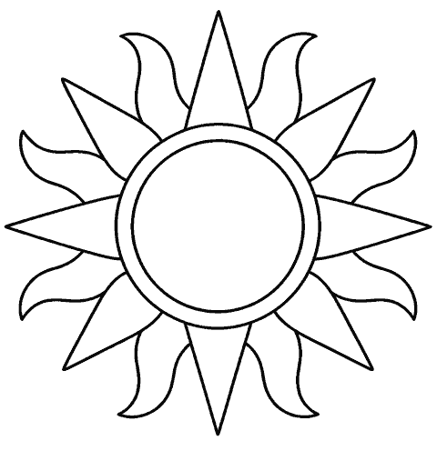 Sun mandala with broad rays and large spaces coloring page
