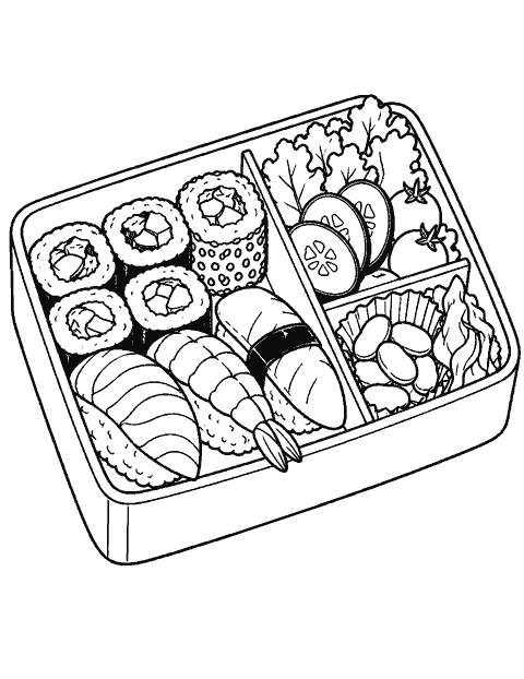 Sushi lunch arranged in a bento box coloring page