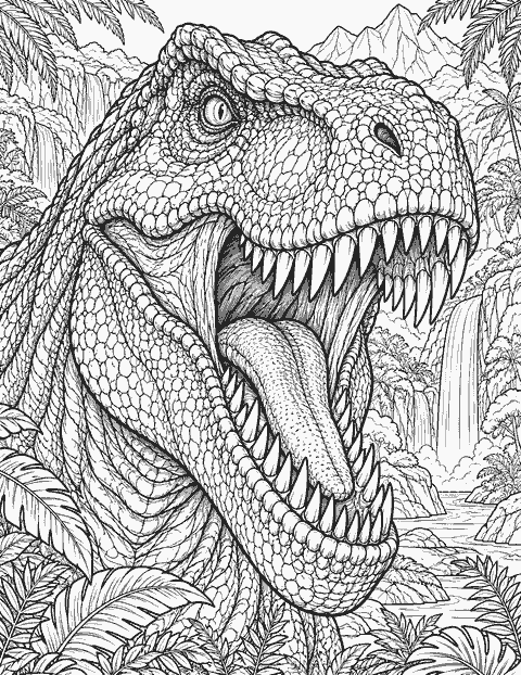 Tyrannosaurus rex head close-up coloring page