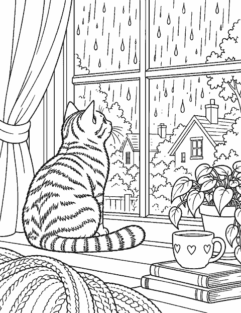 Tabby cat watching raindrops from a windowsill coloring page