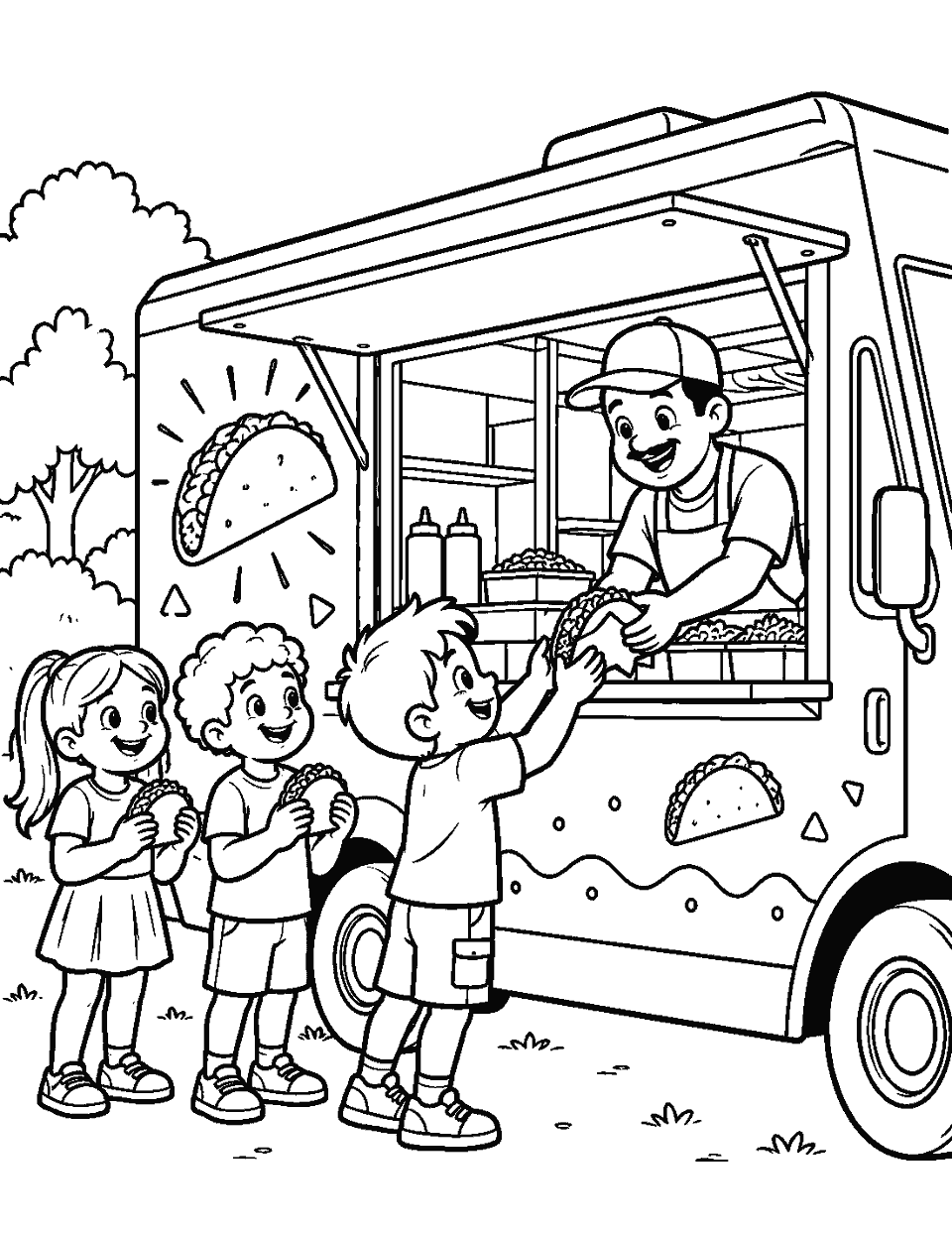 Taco truck serving smiling customers coloring page, black and white line art