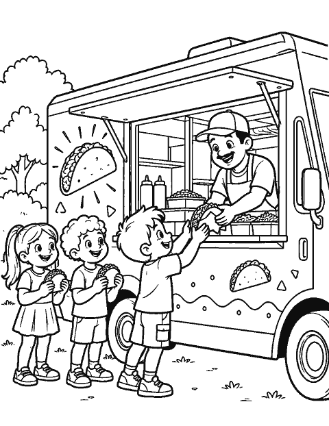 Taco truck serving smiling customers coloring page