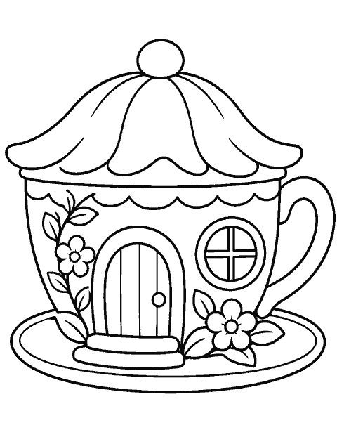 Teacup fairy house with one round window coloring page