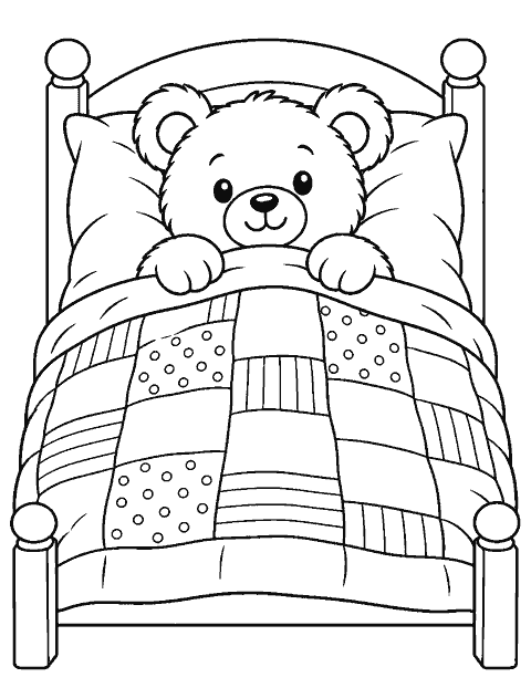 Teddy bear tucked into bed under a quilt coloring page