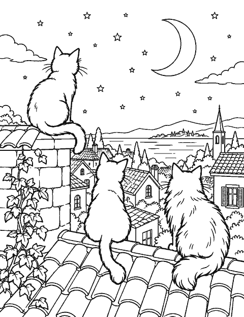 Three cats on rooftops beneath a crescent moon coloring page