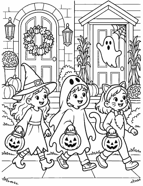 Three costumed friends walking past decorated doorways coloring page