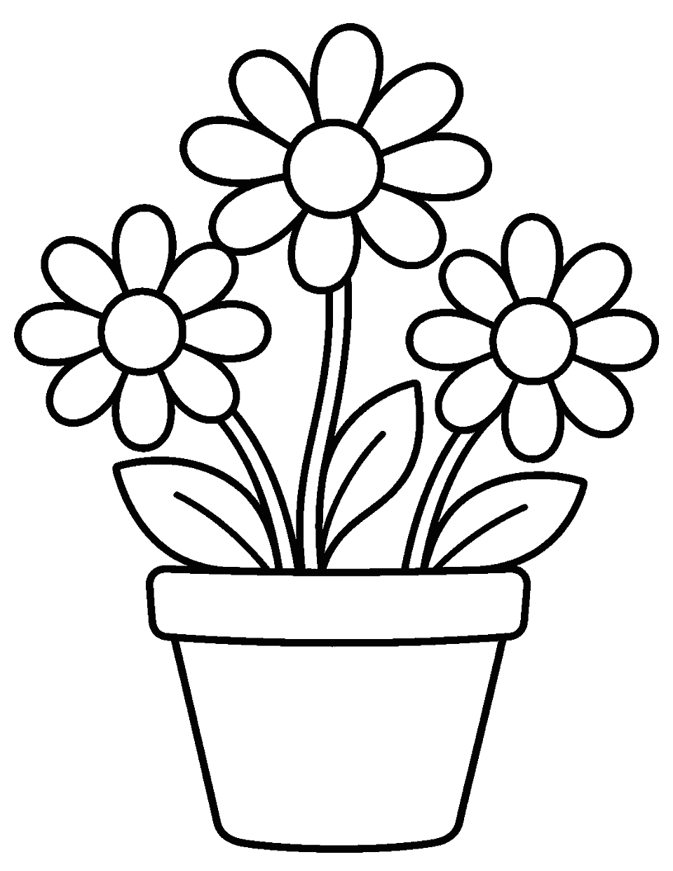 Three daisies growing from a simple flowerpot coloring page, black and white line art
