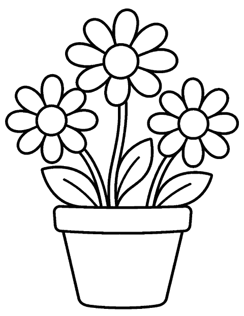 Three daisies growing from a simple flowerpot coloring page