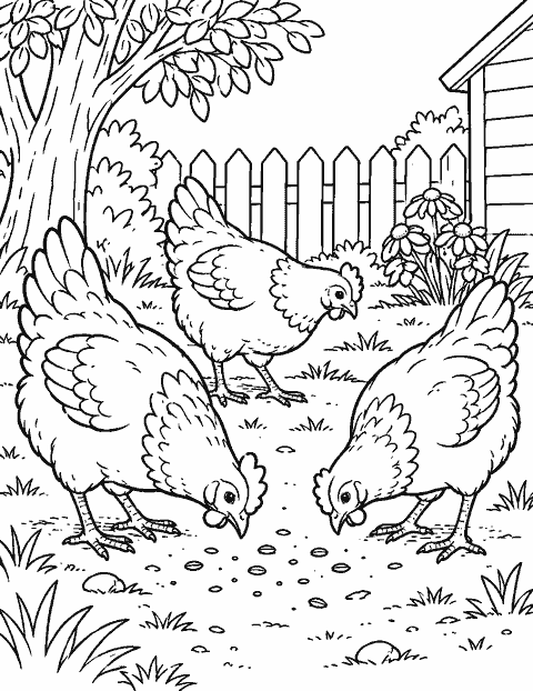 Three hens searching for seeds in a yard coloring page