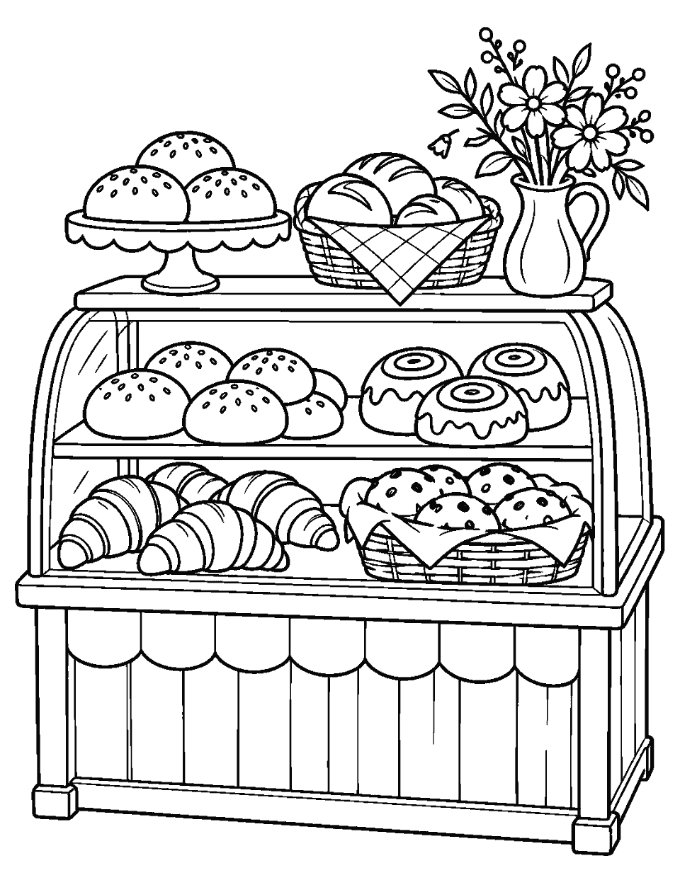 Tiny bakery counter with buns and flowers coloring page, black and white line art