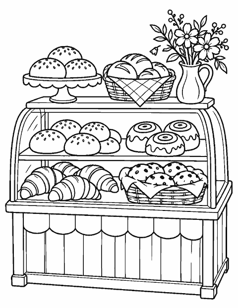 Tiny bakery counter with buns and flowers coloring page