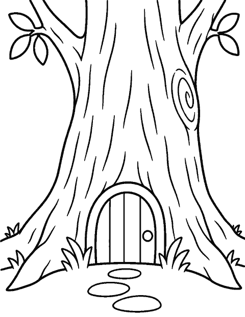 Tiny door at the base of a big tree coloring page
