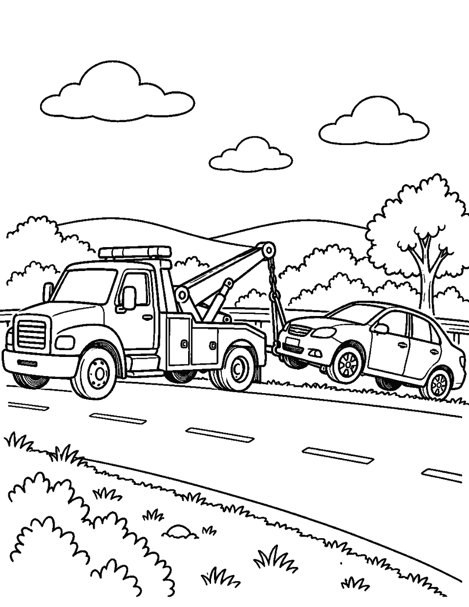 Tow truck helping a car beside the road coloring page, black and white line art