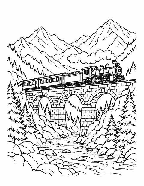 Train crossing a stone viaduct in the mountains coloring page