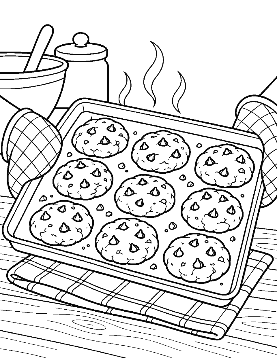 Tray of cookies fresh from the oven coloring page, black and white line art