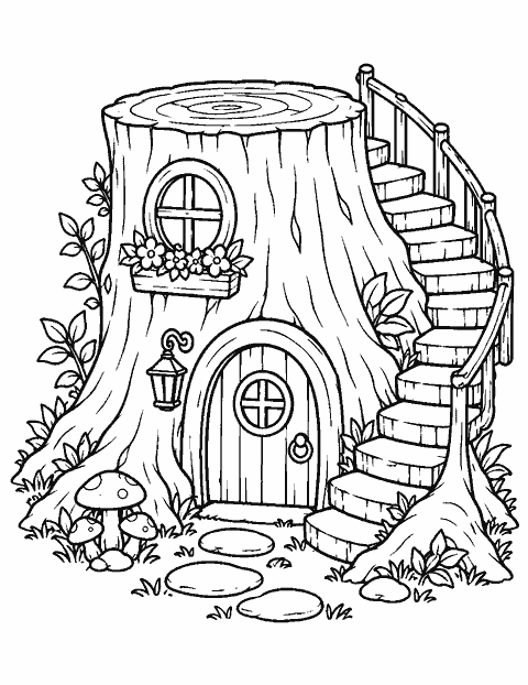 Tree stump home with a curved stairway coloring page