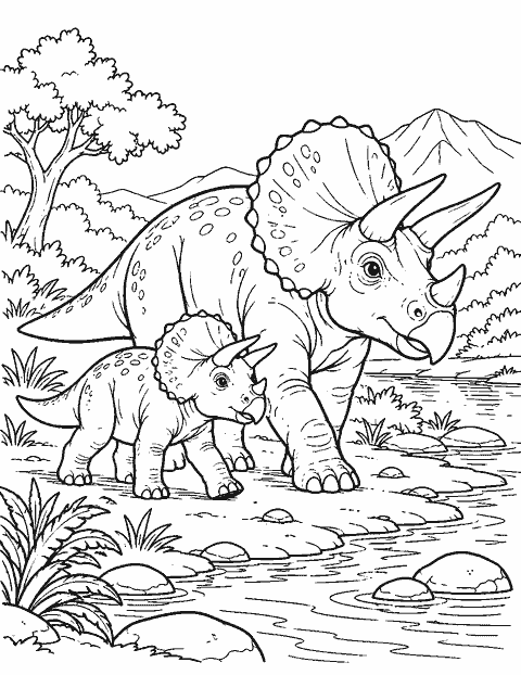 Triceratops parent and calf walking by a river coloring page
