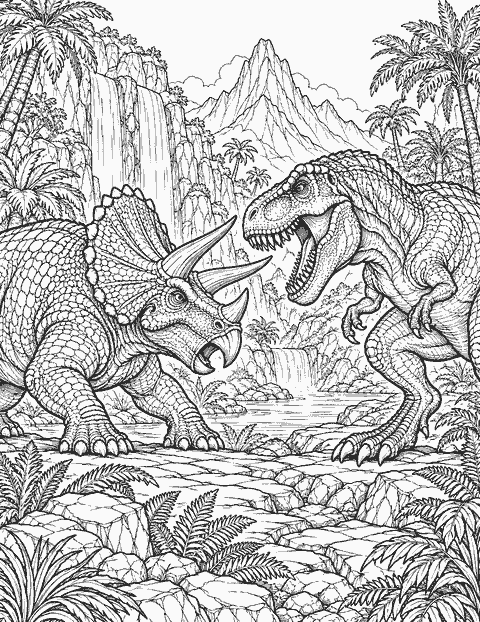Triceratops facing a T. rex coloring page