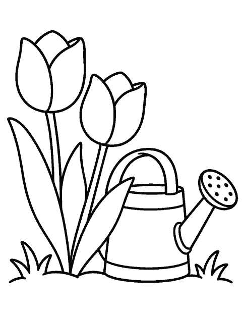 Tulip pair beside a watering can coloring page