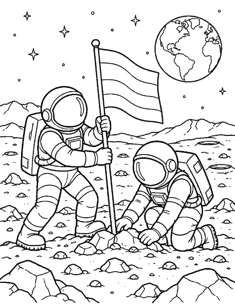 Two astronauts planting a flag on a rocky moon coloring page