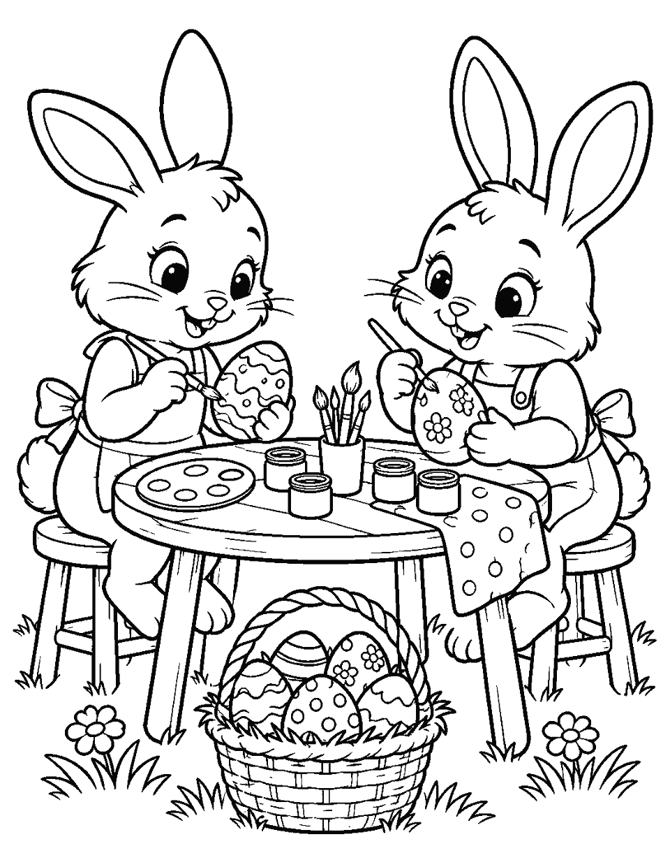 Two bunnies painting eggs at a small table coloring page, black and white line art