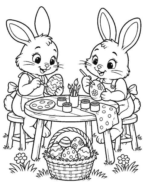 Two bunnies painting eggs at a small table coloring page