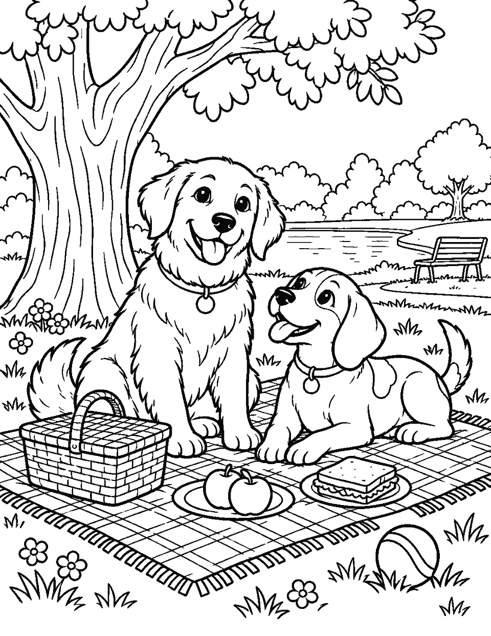 Two dogs sharing a picnic blanket under a tree coloring page, black and white line art