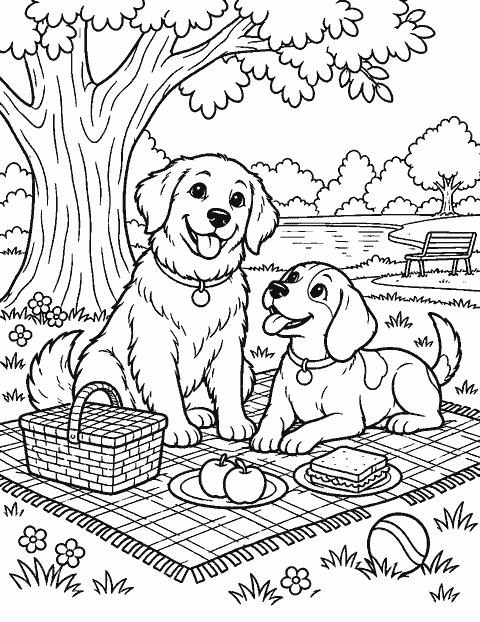 Two dogs sharing a picnic blanket under a tree coloring page