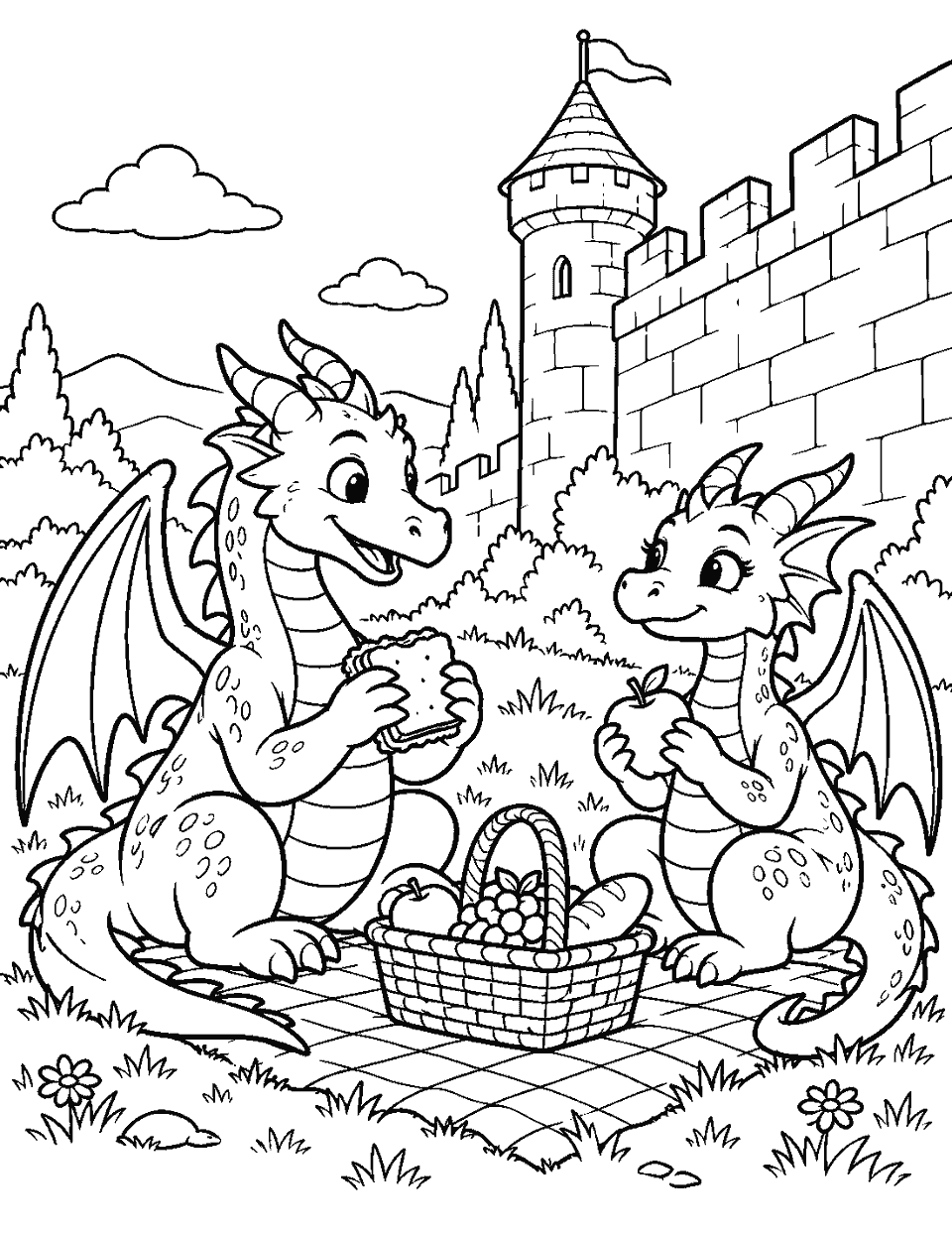 Two dragons sharing a picnic beside a castle wall coloring page, black and white line art