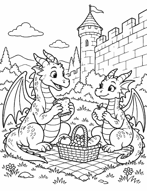 Two dragons sharing a picnic beside a castle wall coloring page
