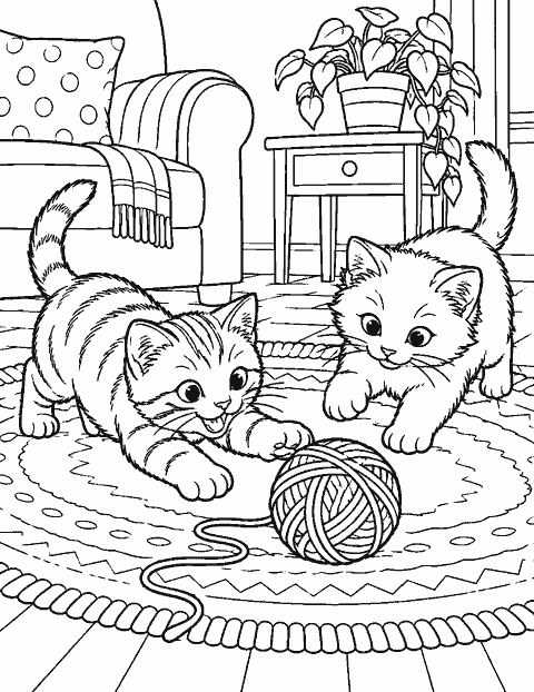 Two kittens chasing a yarn ball across a rug coloring page