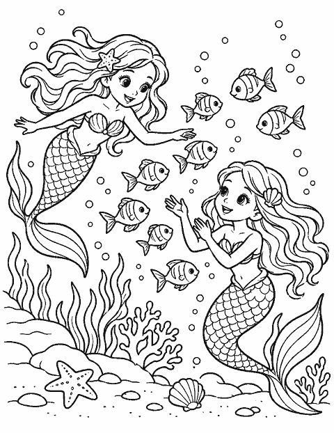 Two mermaids playing with a school of fish coloring page
