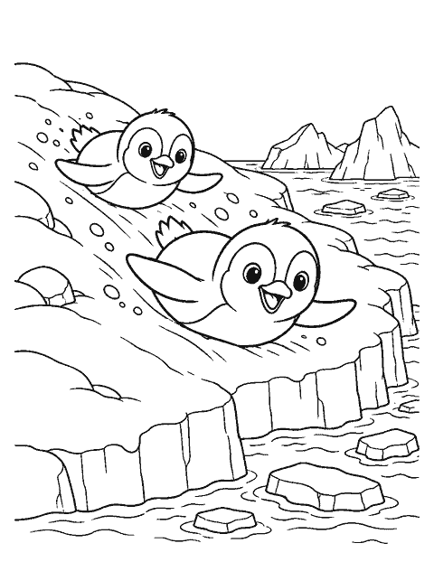Two penguins sliding toward the sea coloring page