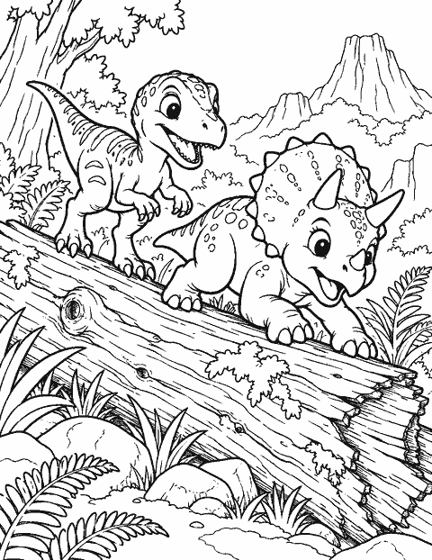Two playful baby dinosaurs crossing a log coloring page