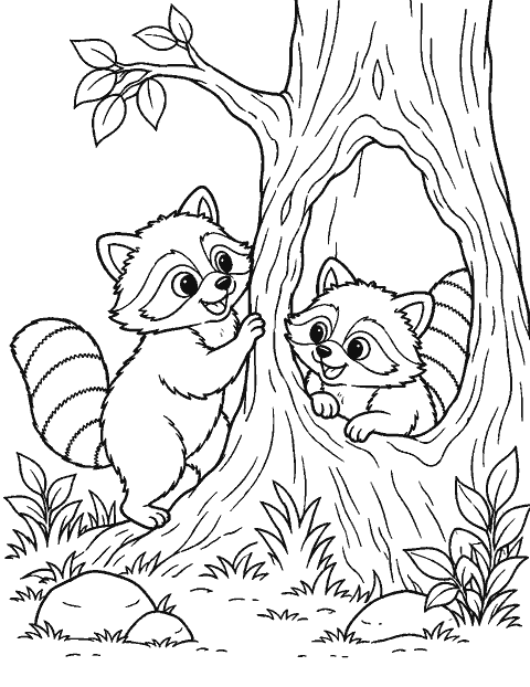 Two raccoons playing beside a hollow tree coloring page