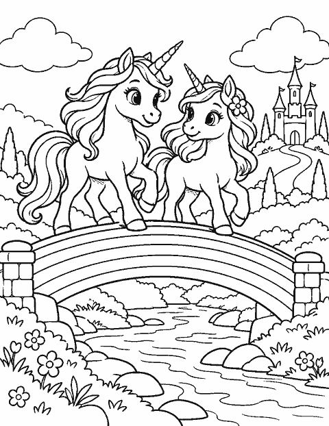 Two unicorn friends crossing a rainbow bridge coloring page