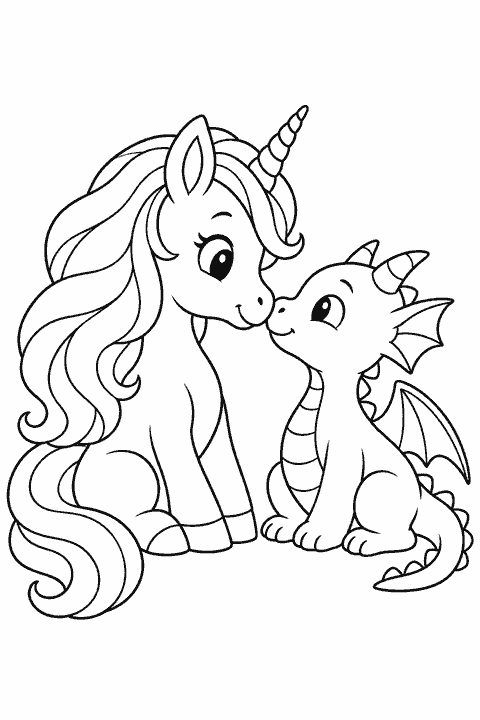 Unicorn and a friendly dragon coloring page