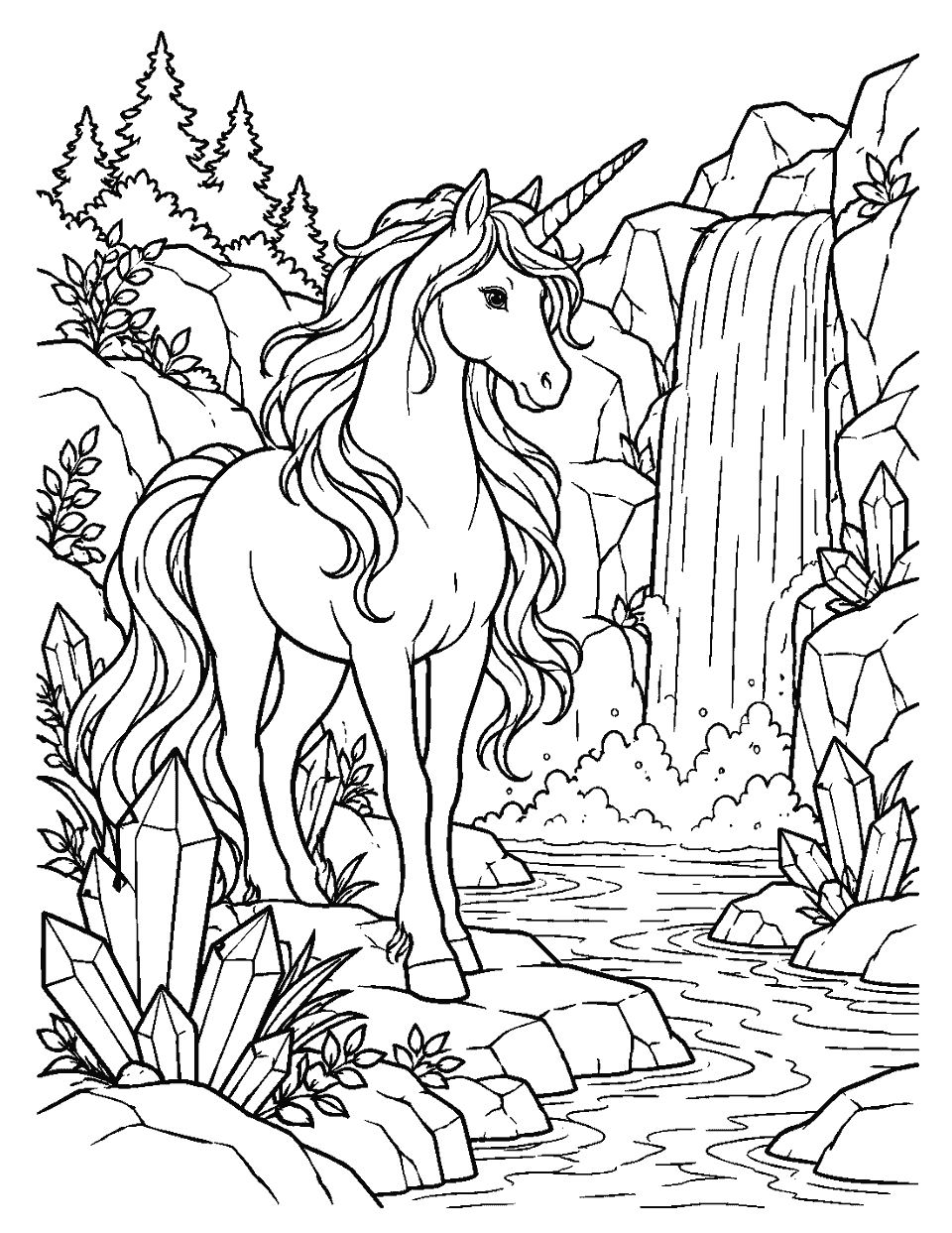Unicorn at a waterfall surrounded by crystals coloring page, black and white line art