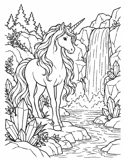 Unicorn at a waterfall surrounded by crystals coloring page