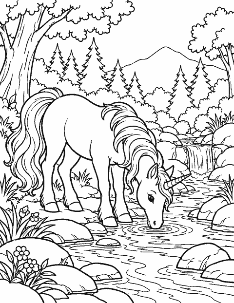 Unicorn drinking from a clear forest stream coloring page