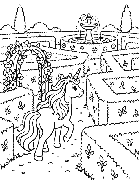 Unicorn exploring a garden maze coloring page