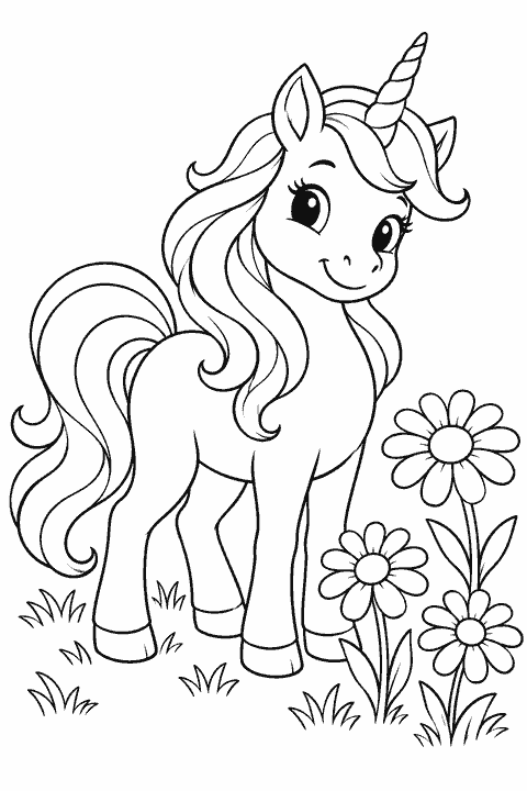 Unicorn in a flower meadow coloring page