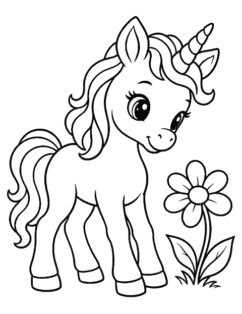 Unicorn foal beside a single flower coloring page