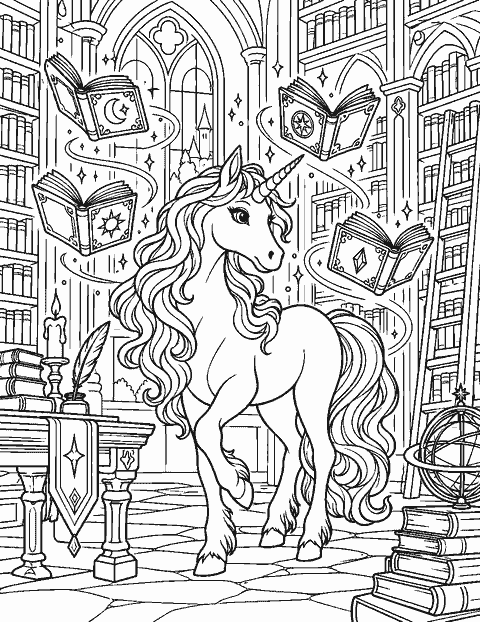Unicorn in an enchanted library with floating books coloring page