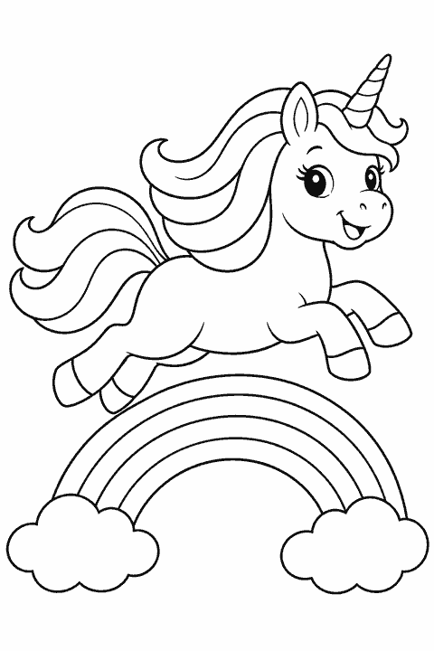 Unicorn jumping over a rainbow coloring page